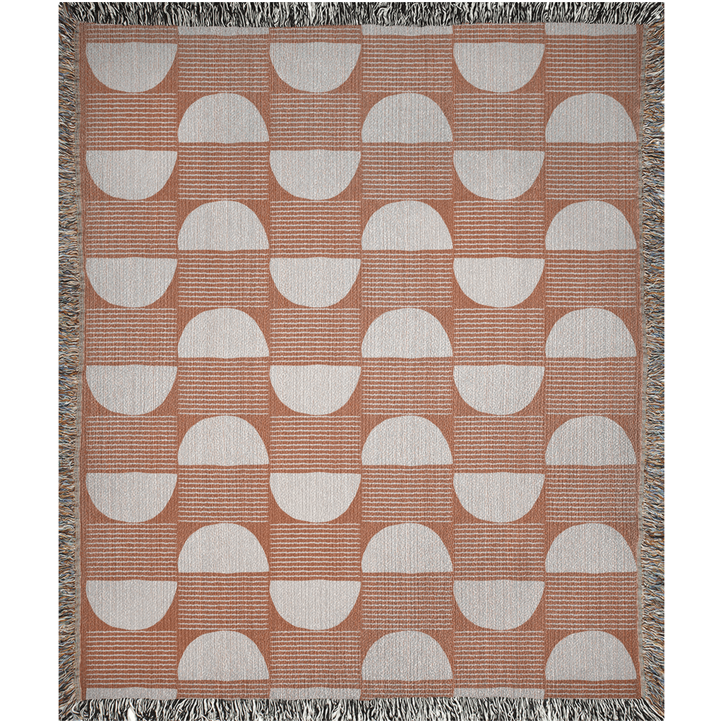 Terracotta Geometric Woven Throw Blanket with Half-Moon Pattern