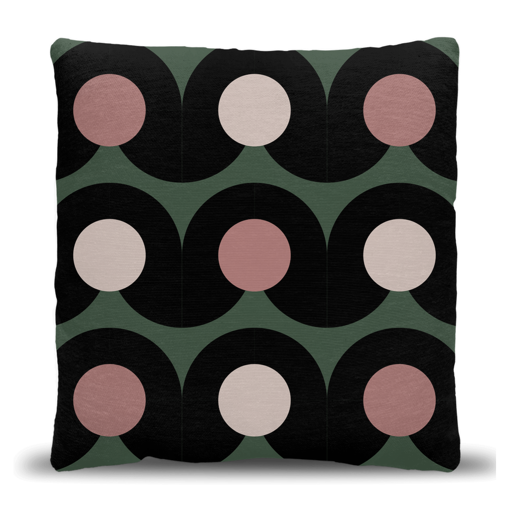 Retro Mod Circles Woven Pillow in Green, Black, and Blush