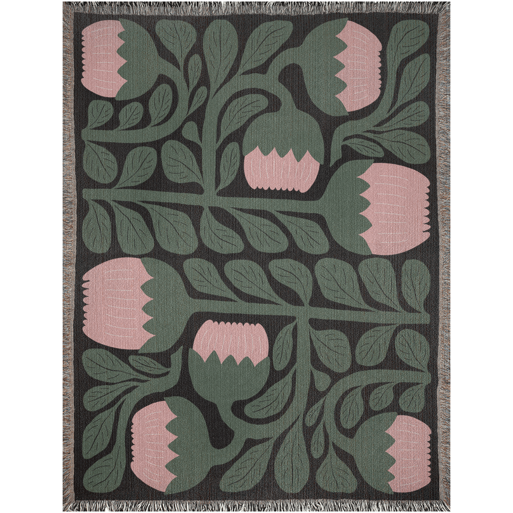 Pink and Green Floral Scandinavian Woven Blanket