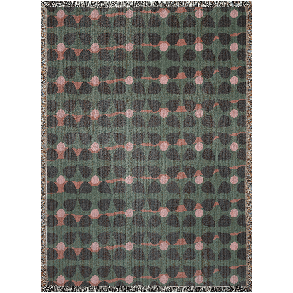 Mid-Century Modern Clover Woven Cotton Blanket in Green, Pink, and Black