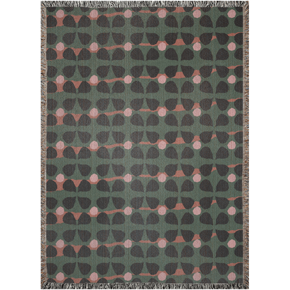 Mid-Century Modern Clover Woven Cotton Blanket in Green, Pink, and Black