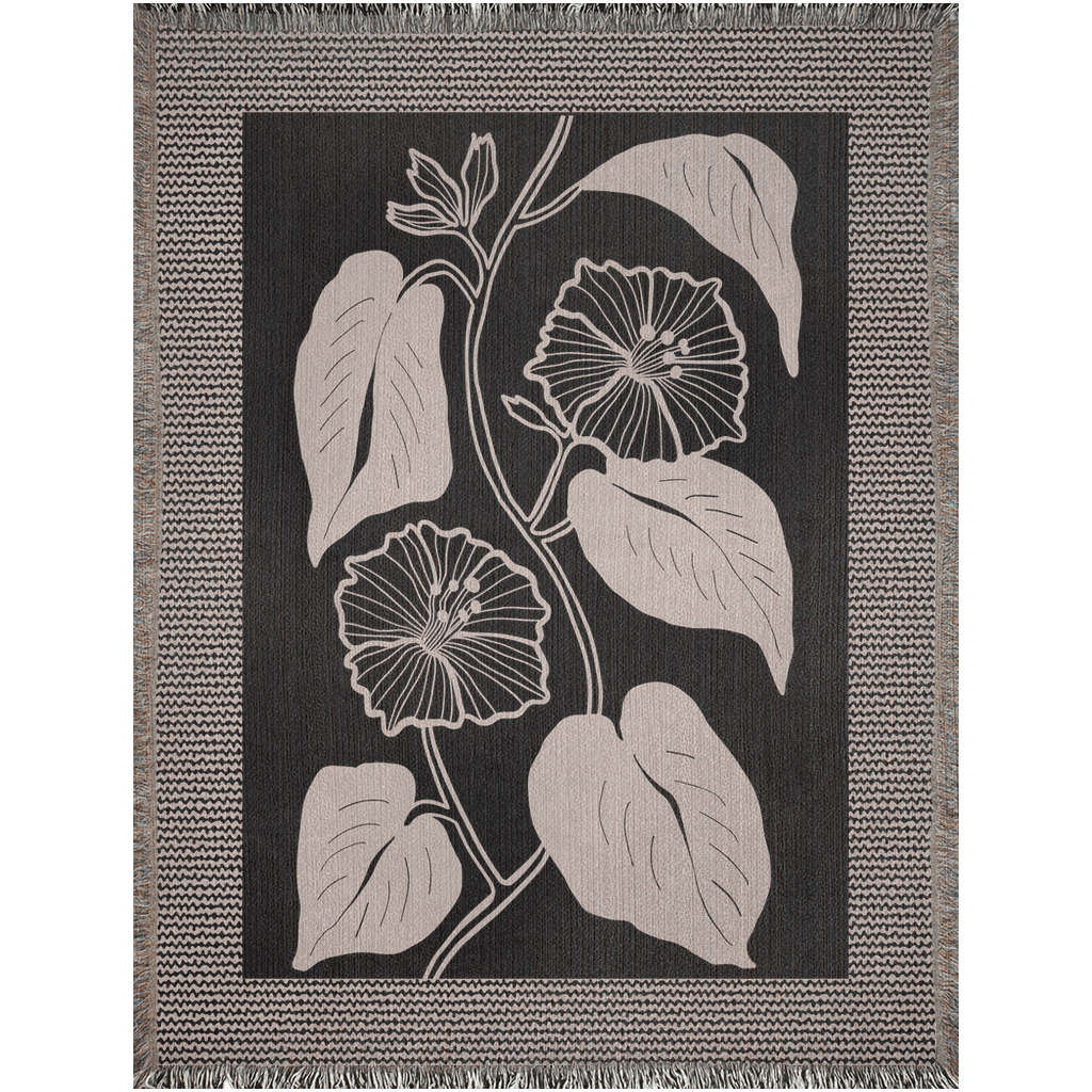 Black and Beige Botanical Woven Throw Blanket