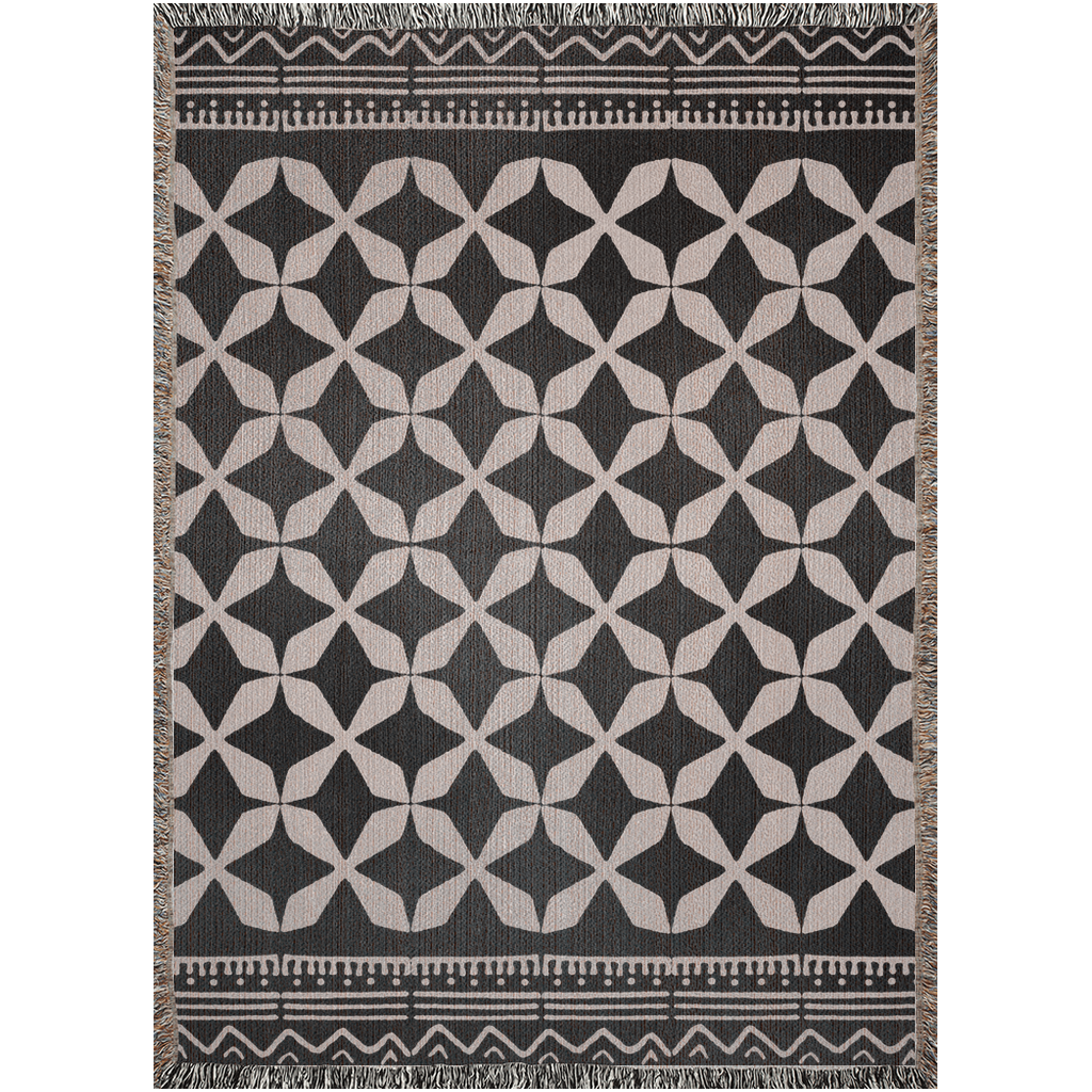 Abstract Star Motif Woven Cotton Blanket in Black and Beige