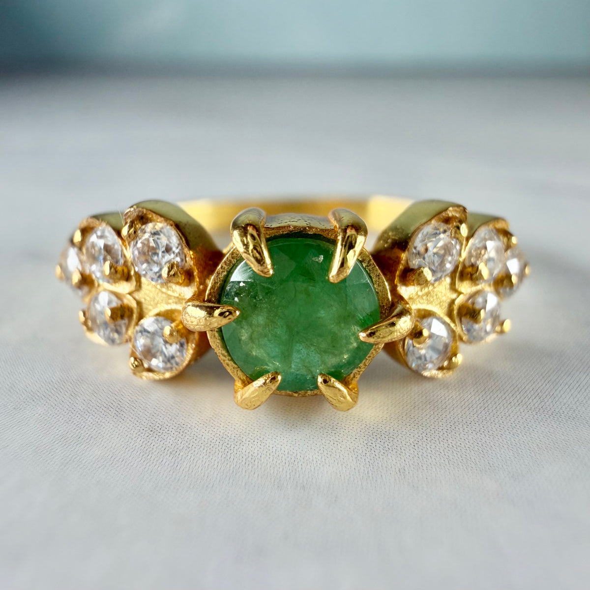 Natural Emerald Ring | 925 Sterling Silver Gold Vermeil Ring | Genuine Untreated Emerald & Natural Zircon Accent Stones