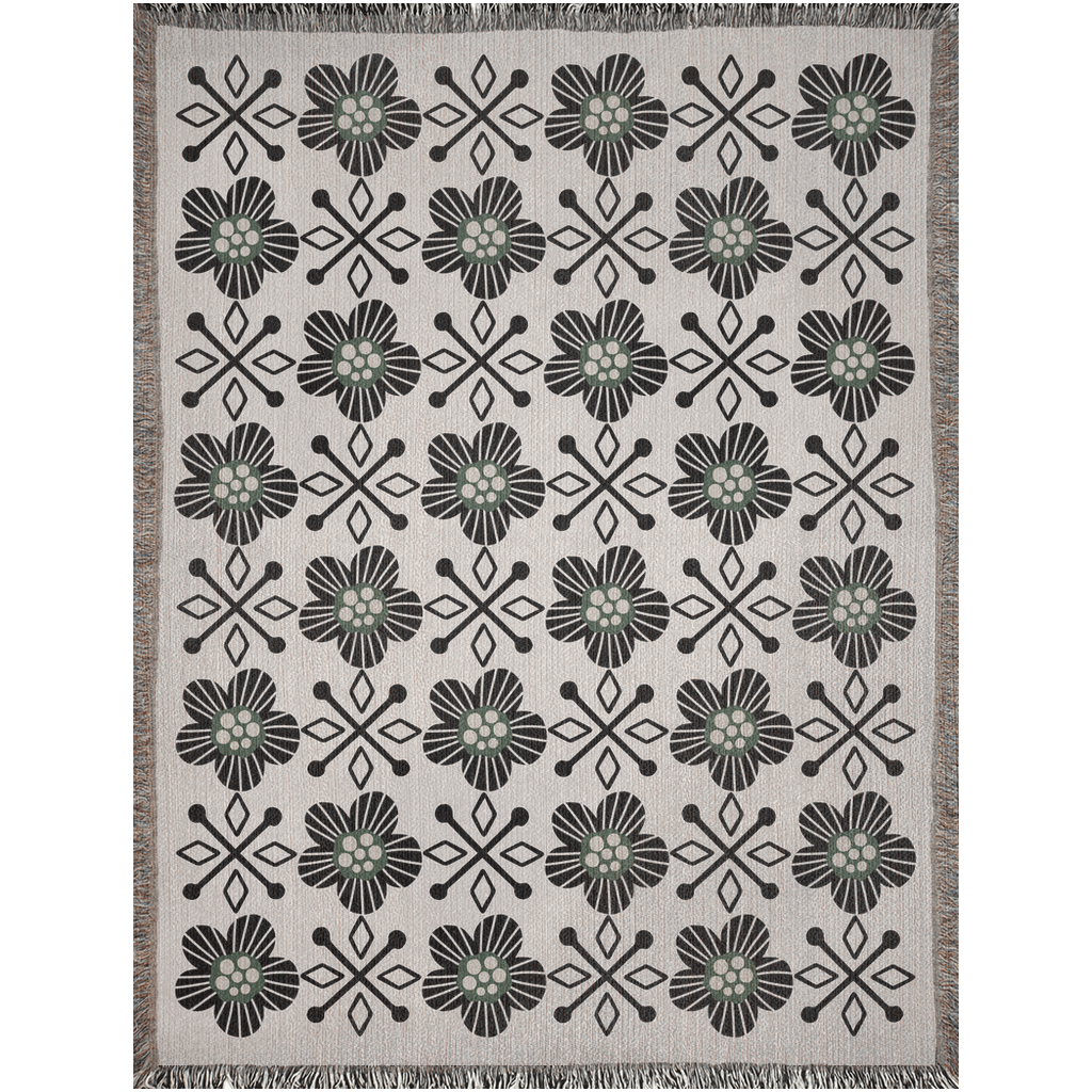 Scandinavian-Inspired Floral Woven Cotton Throw Blanket in Black, Beige & Green