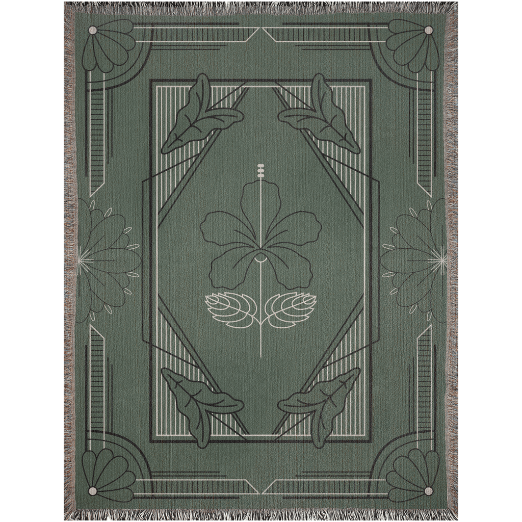 Green Art Deco Flower Woven Cotton Throw Blankets