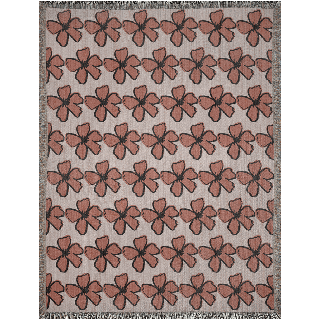 Dusty Rose and Rust Color Handdrawn Floral Woven Cotton Throw Blankets