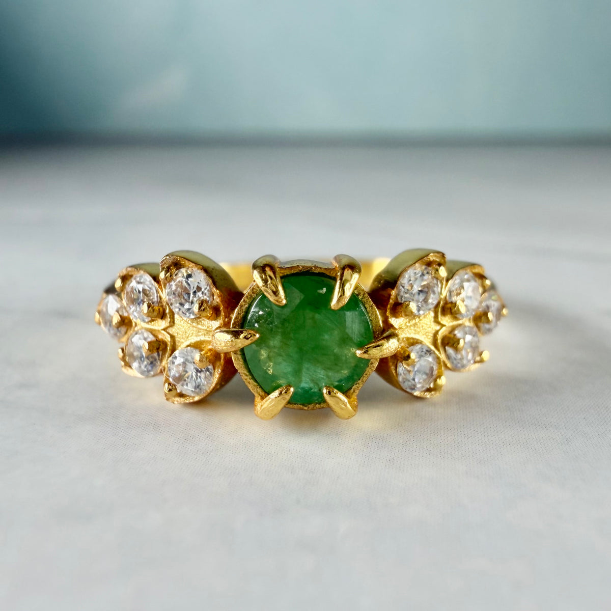 Natural Emerald Ring | 925 Sterling Silver Gold Vermeil Ring | Genuine Untreated Emerald & Natural Zircon Accent Stones
