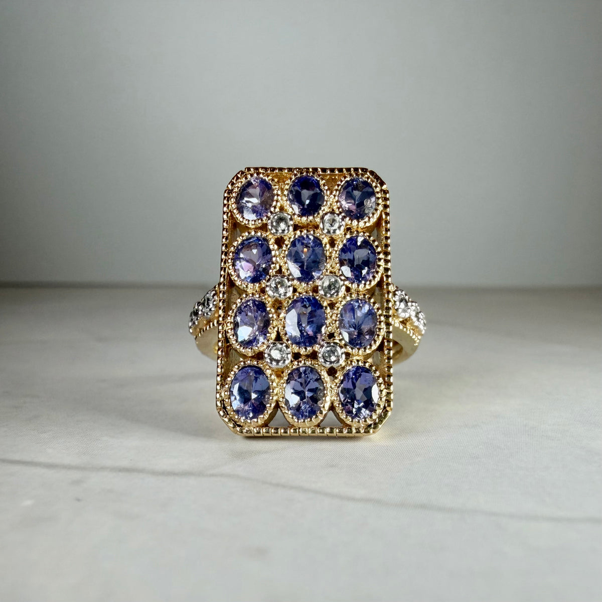 Natural Tanzanite Zircon Statement Ring | Art Deco Gold Plated Sterling Silver