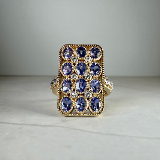 Natural Tanzanite Zircon Statement Ring | Art Deco Gold Plated Sterling Silver