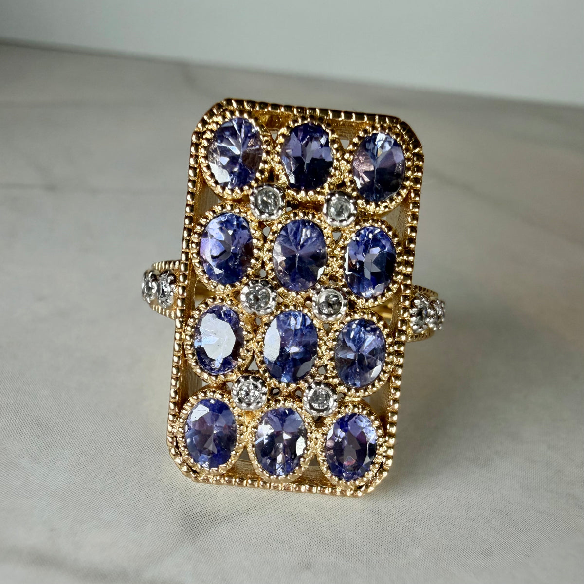Natural Tanzanite Zircon Statement Ring | Art Deco Gold Plated Sterling Silver