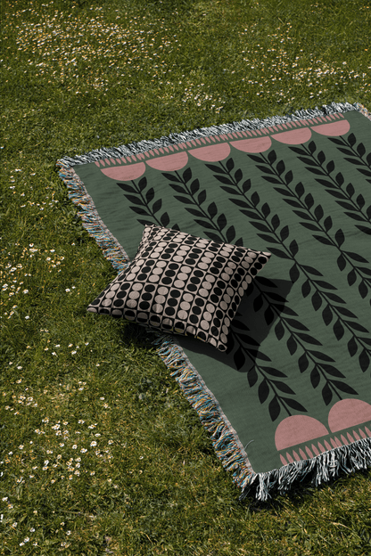 Green and Pink Botanical Woven Cotton Blanket