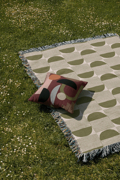Modern Minimalist Woven Throw Blanket with Olive Half-Moon Pattern