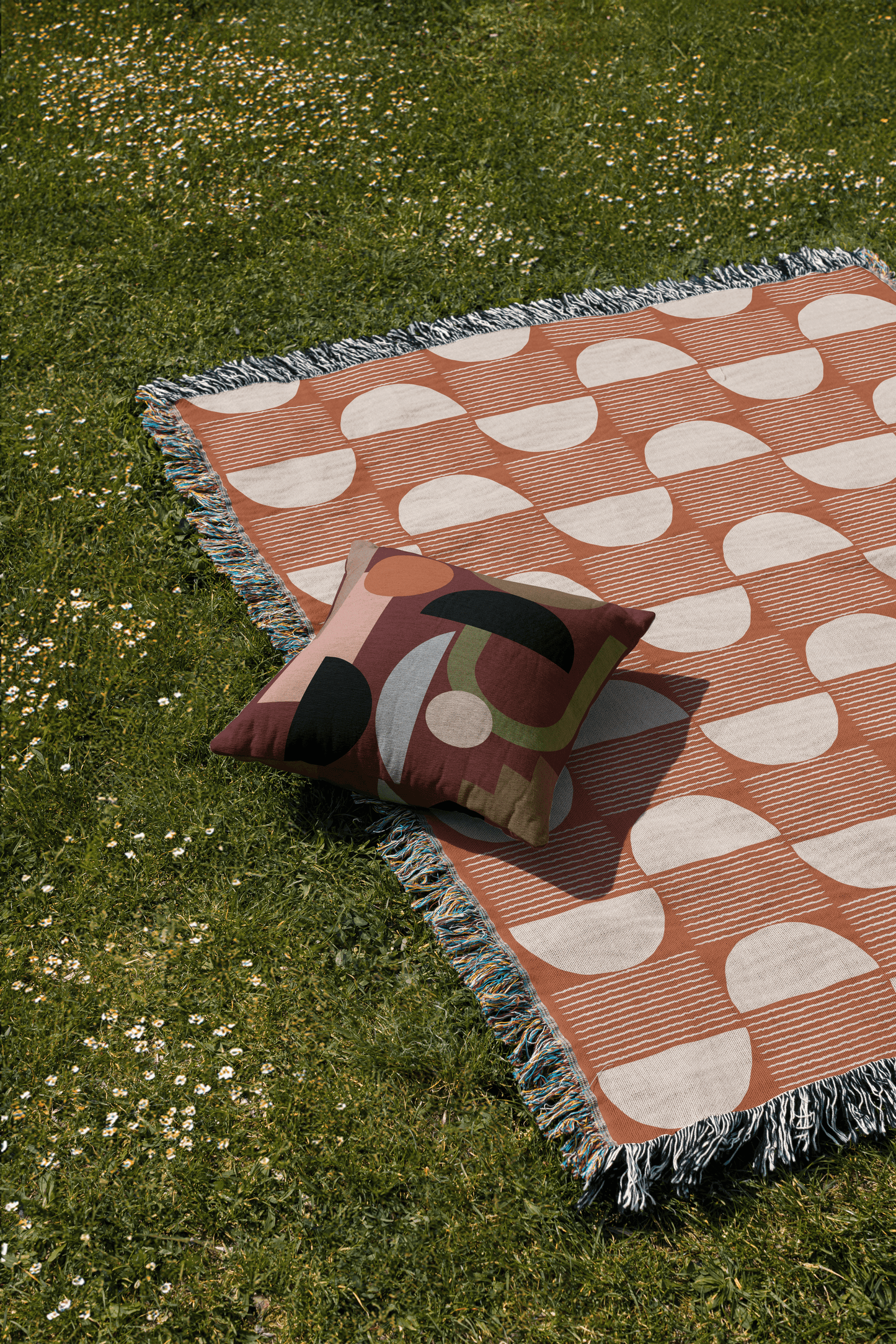 Terracotta Geometric Woven Throw Blanket with Half-Moon Pattern