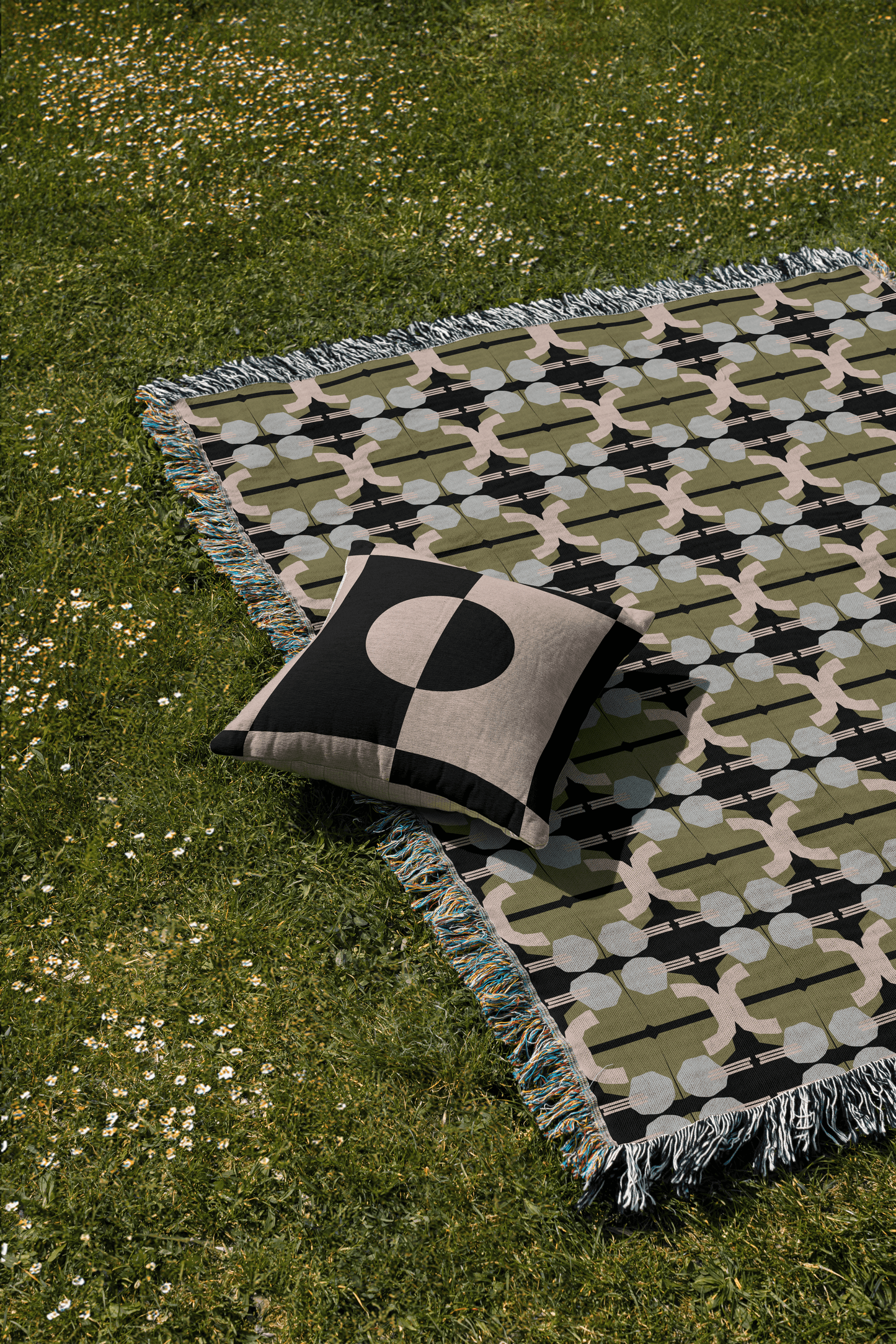 Modern Olive Green and Light Blue Woven Throw Blanket