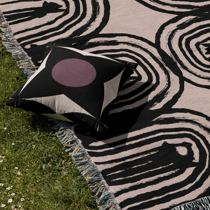 Modern Geometric Bloom Woven Pillow in Black, White, and Plum