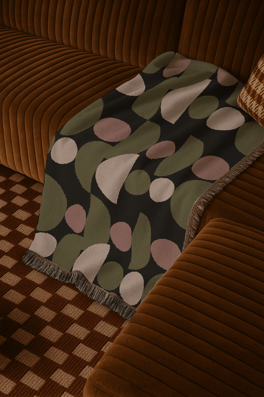 Modern Geometric Woven Throw Blanket – Olive, Blush & Cream Circles