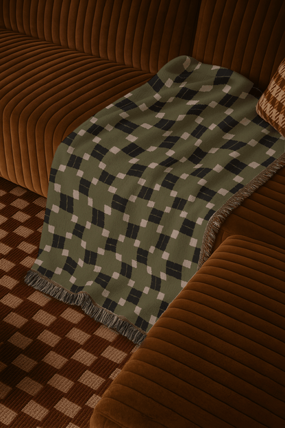 Modern Geometric Woven Throw Blanket – Olive & Charcoal Pixel Grid