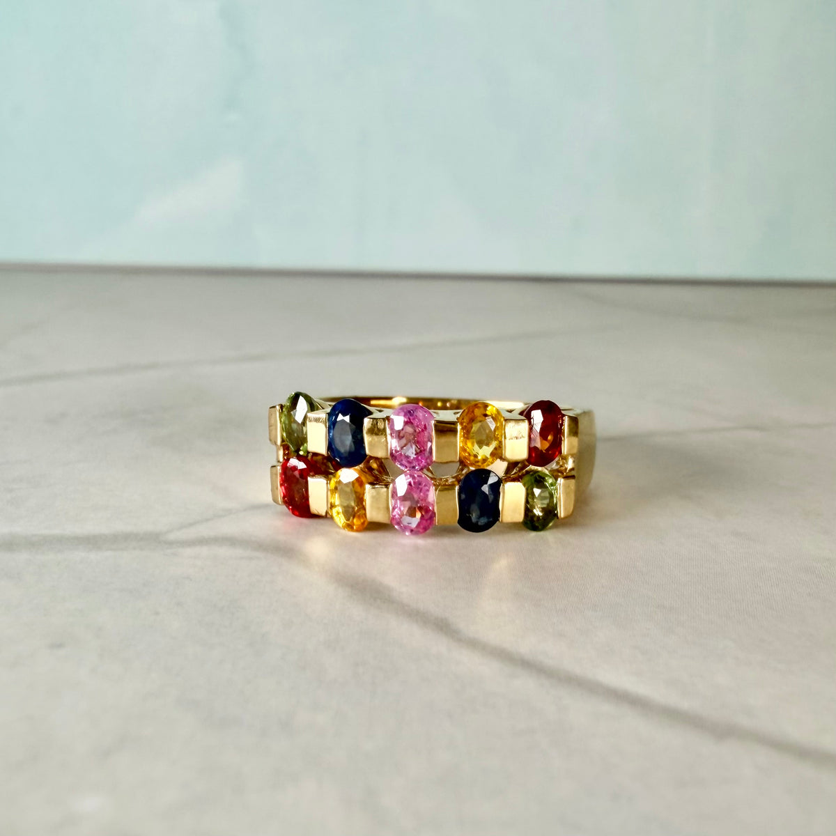 HRD Certified Rainbow Sapphire Ring | Natural Multi-Color Sapphire Ring | Gold Plated 925 Sterling Silver | 2.08 Ct Sapphire Band