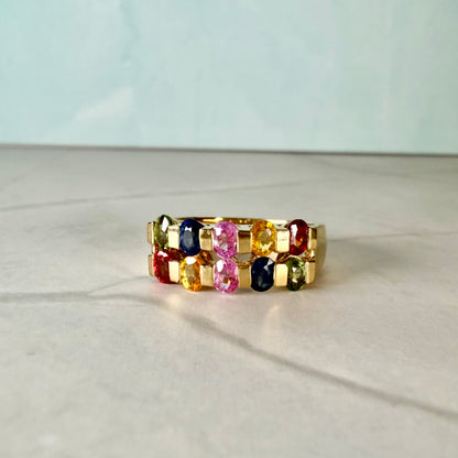 HRD Certified Rainbow Sapphire Ring | Natural Multi-Color Sapphire Ring | Gold Plated 925 Sterling Silver | 2.08 Ct Sapphire Band