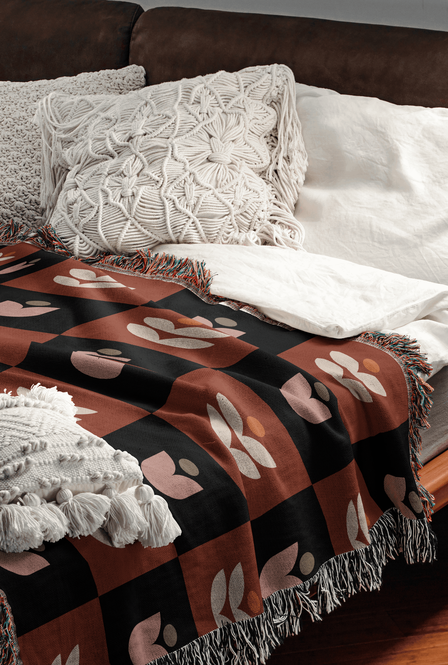 Checker Floral Woven Cotton Blanket – Terracotta, Pink & Black