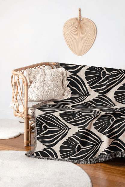 Black and Cream Art Deco Floral Woven Throw Blanket