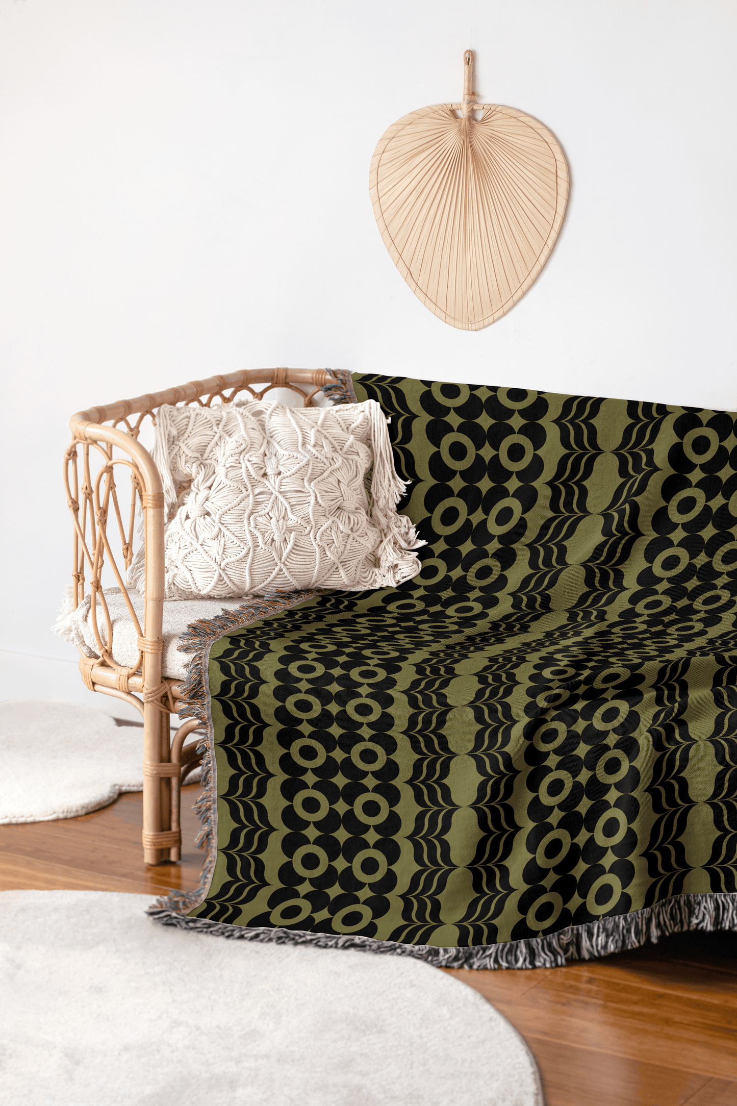 Retro Olive Green Mid-Century Woven Throw Blanket