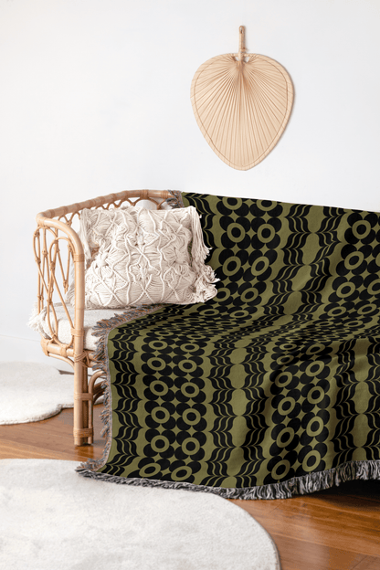 Retro Olive Green Mid-Century Woven Throw Blanket