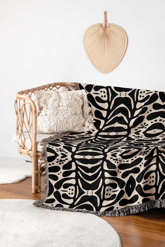 Black & Ivory Organic Motif Woven Throw Blanket