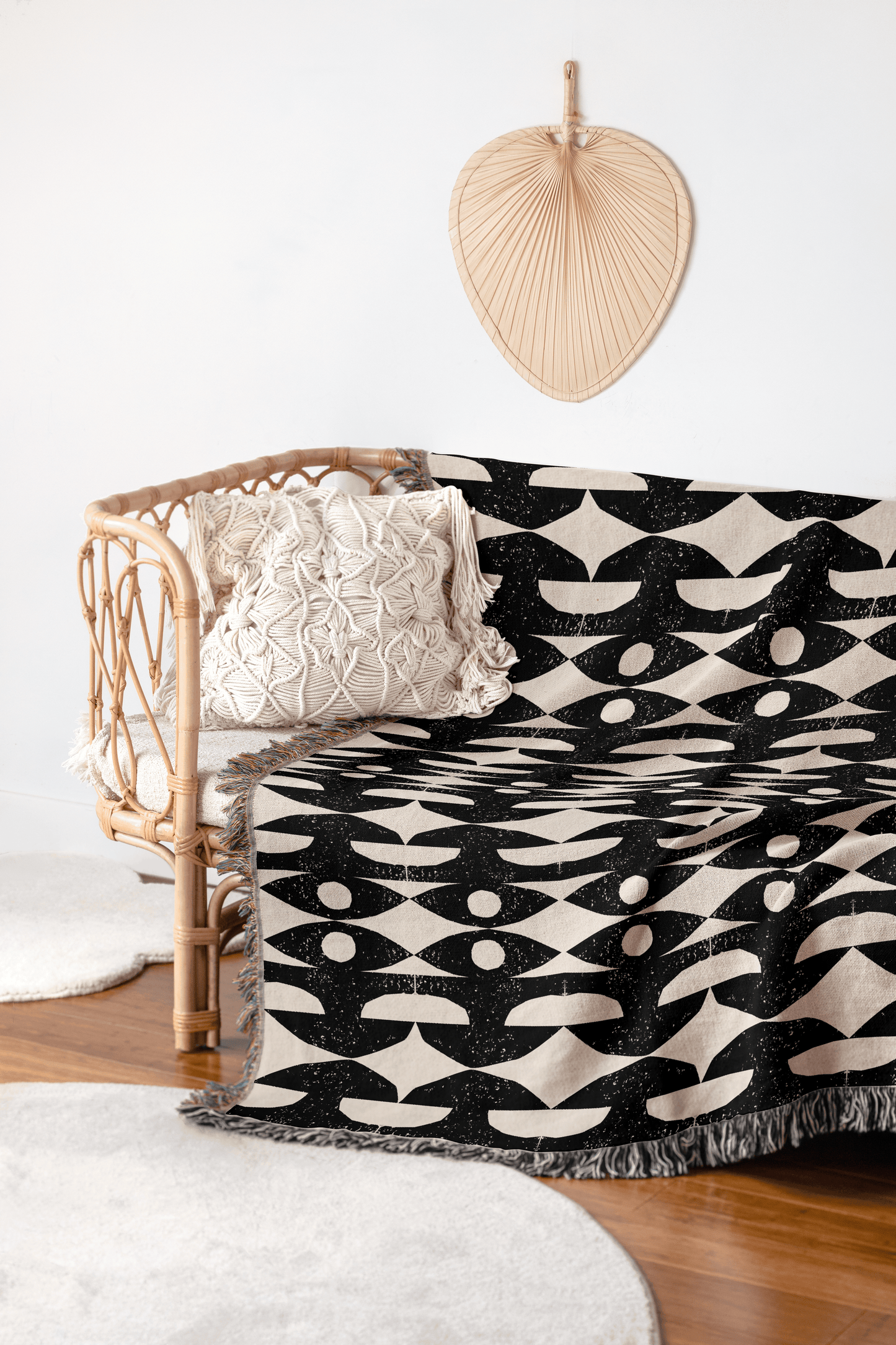 Black and White Mid-Century Woven Throw Blanket – Geometric Retro Pattern