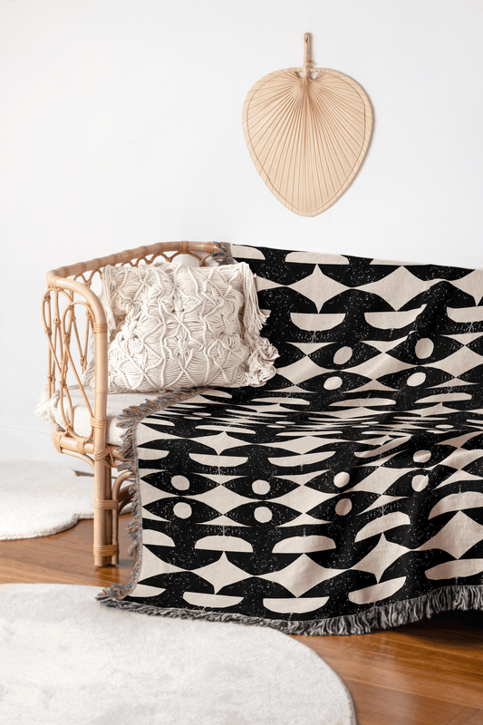 Black and White Mid-Century Woven Throw Blanket – Geometric Retro Pattern