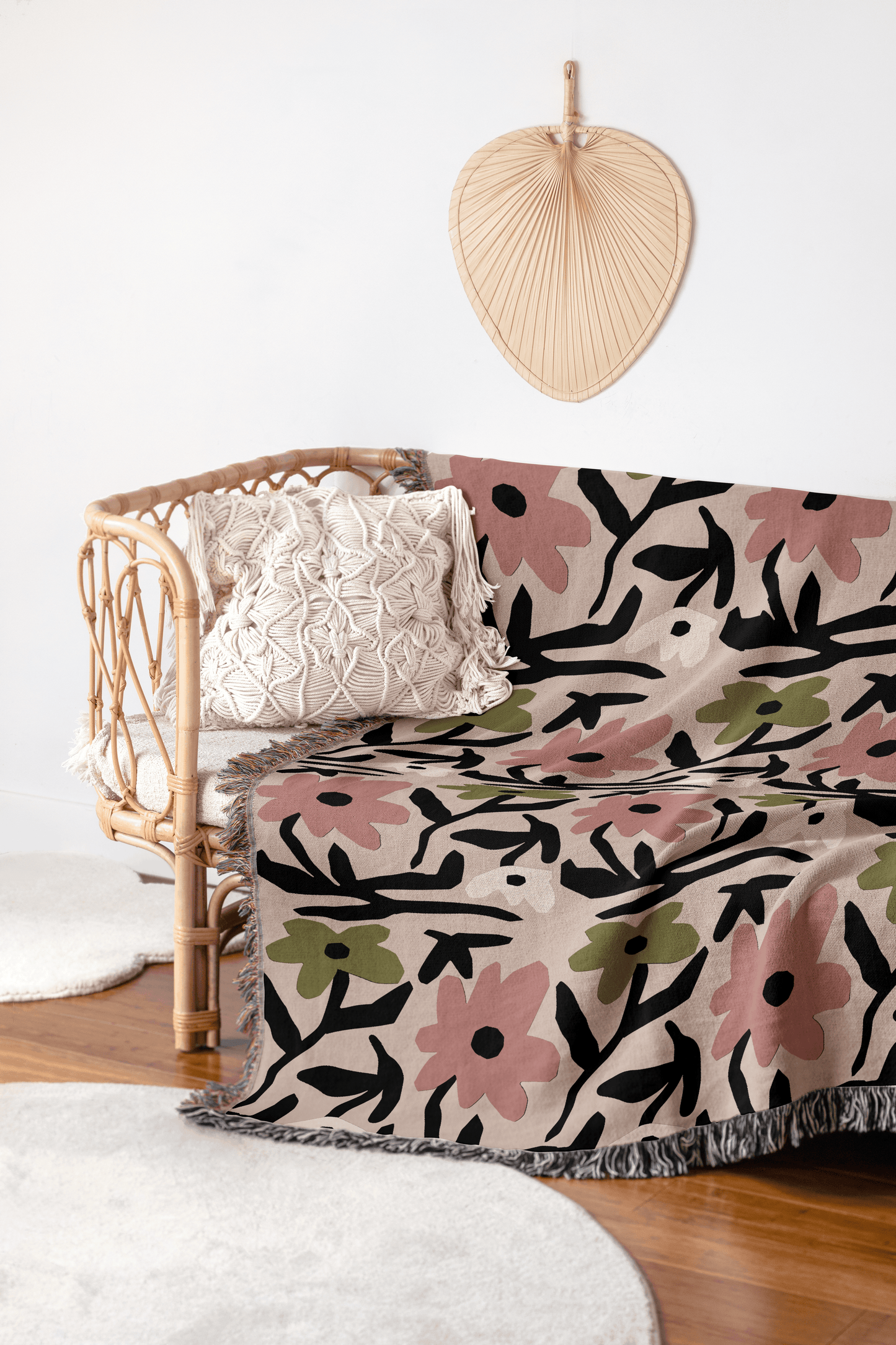 Pink and Olive Floral Woven Throw Blanket – Modern Design