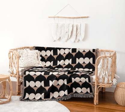 Beige and Black Modern Minimalist Woven Throw Blanket