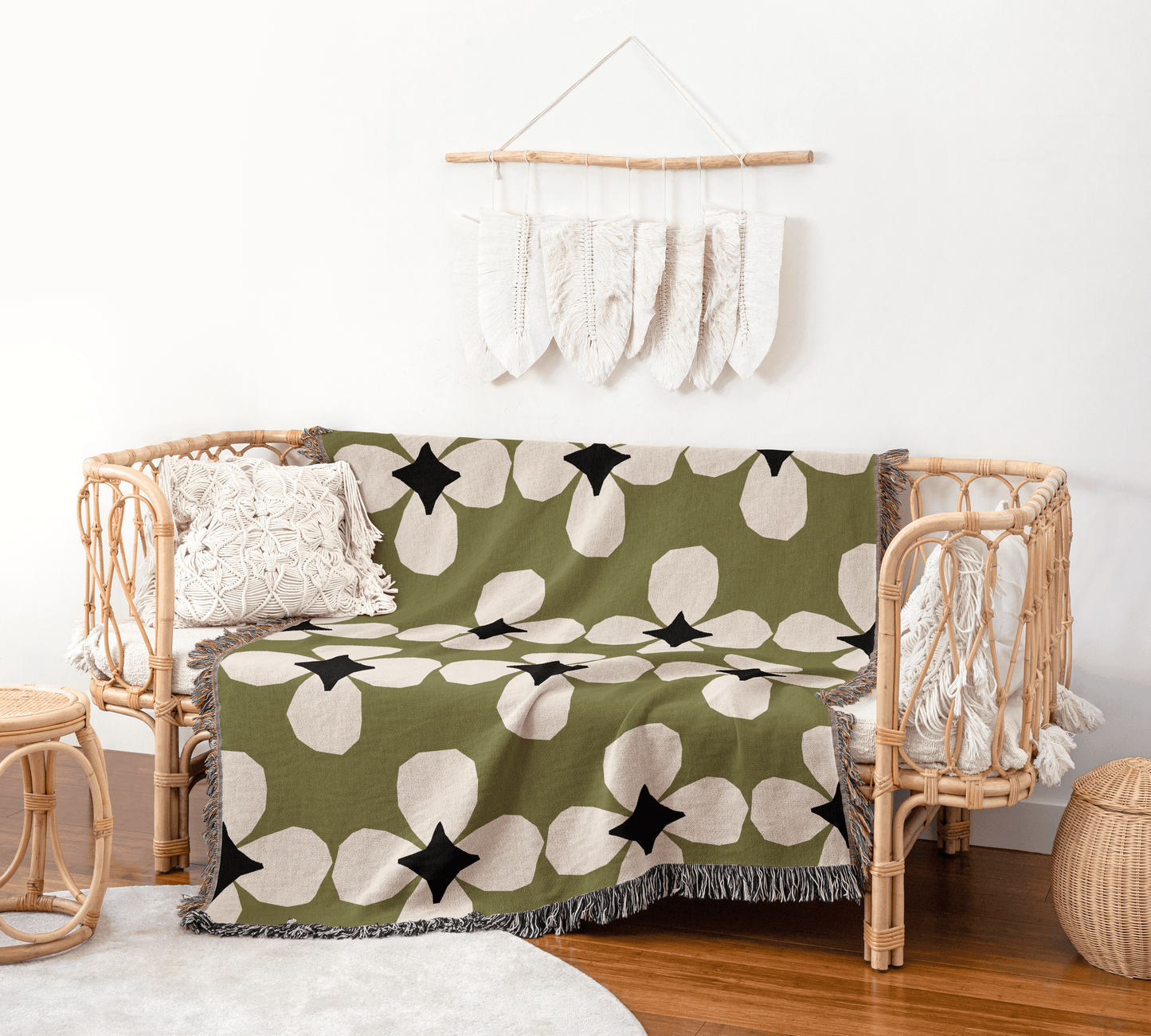 Olive Green Floral Woven Throw Blanket – Mid-Century Starflower