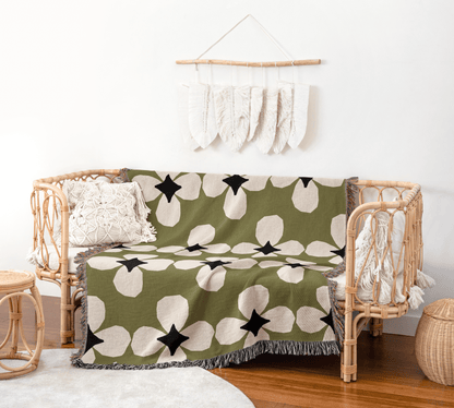 Olive Green Floral Woven Throw Blanket – Mid-Century Starflower