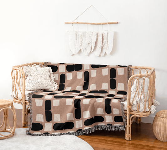 Modern Beige and Black Woven Throw Blanket – Abstract Geometric Pattern