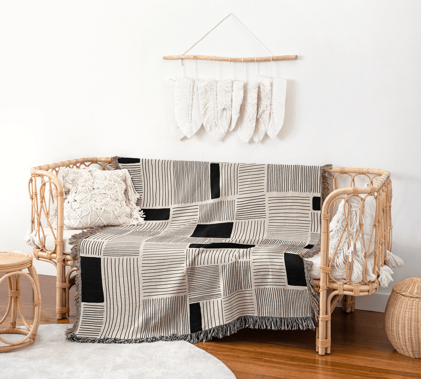 Modern Minimalist Beige and Black Linework Throw Blanket