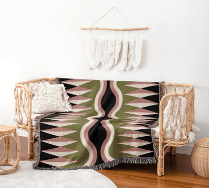 Olive Green and Pink Wavy Zigzag Throw Blanket