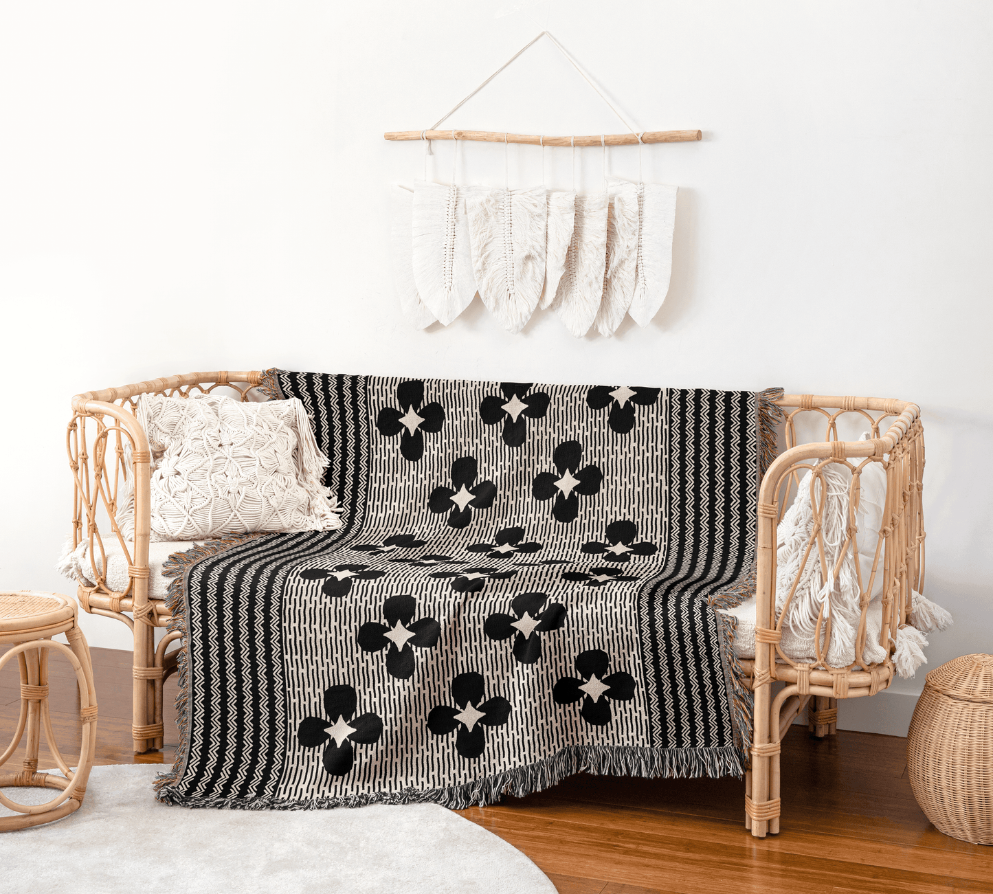 Black and White Woven Floral Throw Blanket