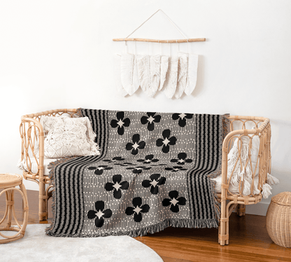 Black and White Woven Floral Throw Blanket
