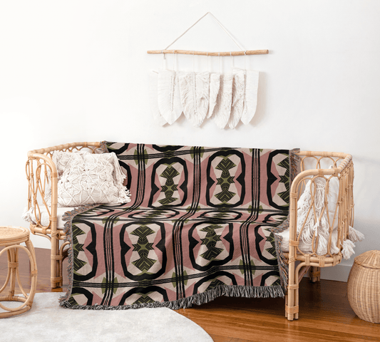 Vintage Kaleidoscope Woven Throw Blanket – Blush, Olive & Black