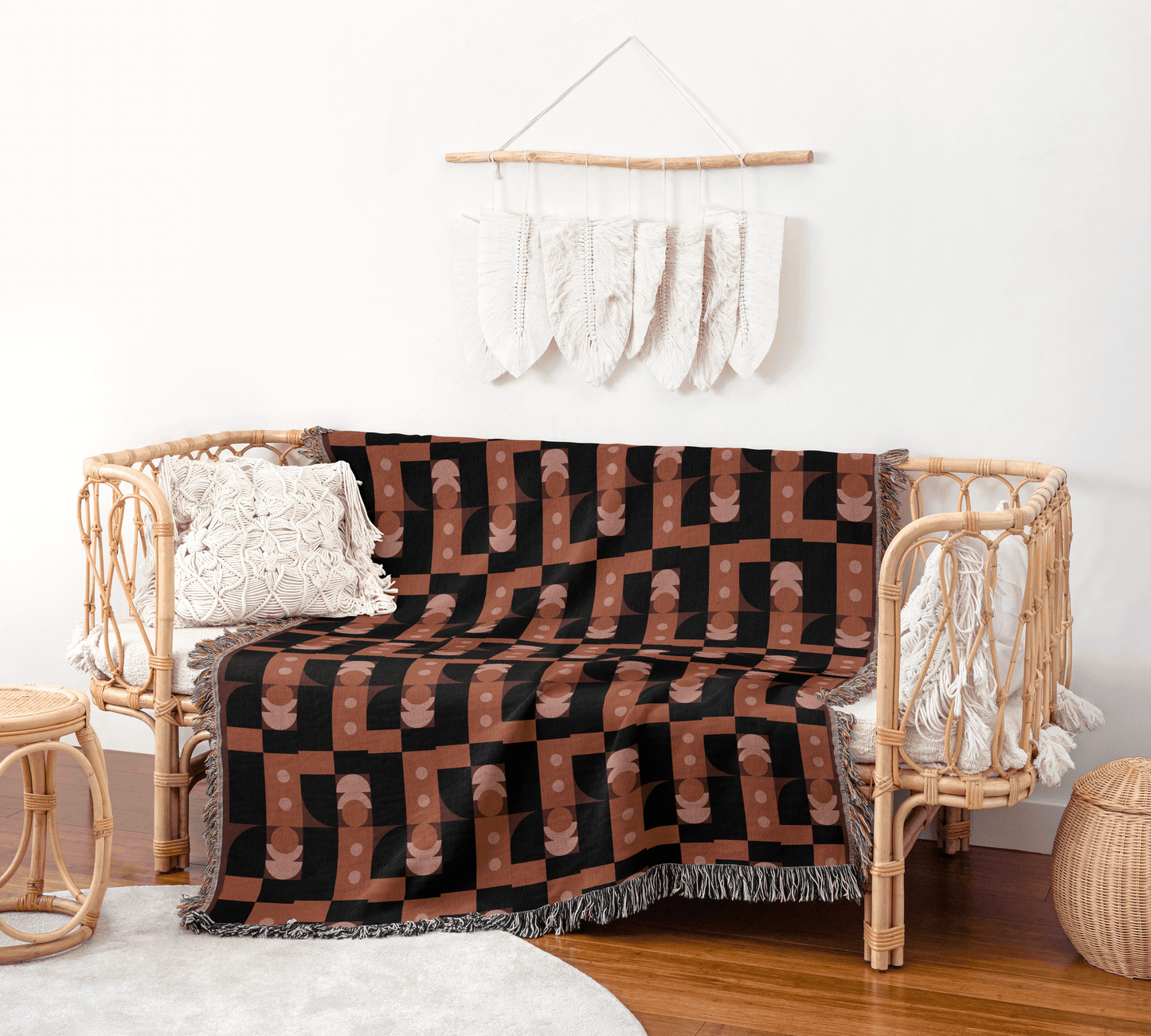Retro Abstract Woven Throw Blanket – Terracotta & Blush Geometric Blocks