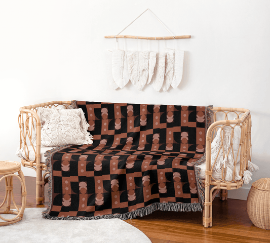 Retro Abstract Woven Throw Blanket – Terracotta & Blush Geometric Blocks
