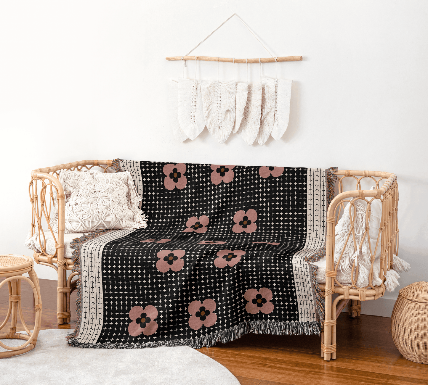 Pink and Black Flower Zigzag Border Blanket