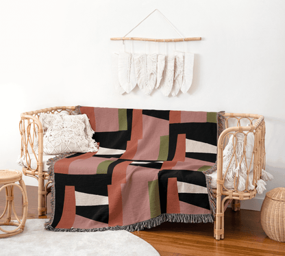 Abstract Modern Woven Throw Blanket – Blush, Olive & Charcoal