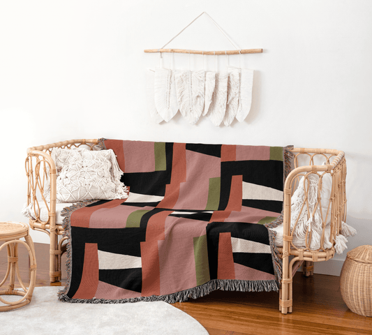 Abstract Modern Woven Throw Blanket – Blush, Olive & Charcoal