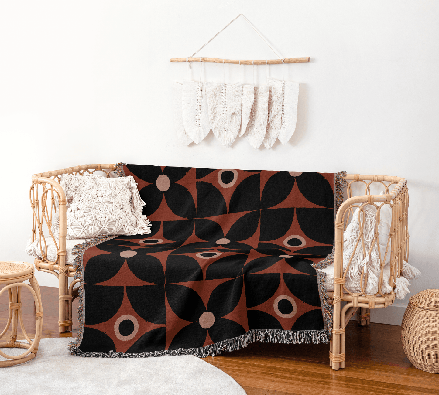 Rust & Black Retro Floral Geometric Blanket