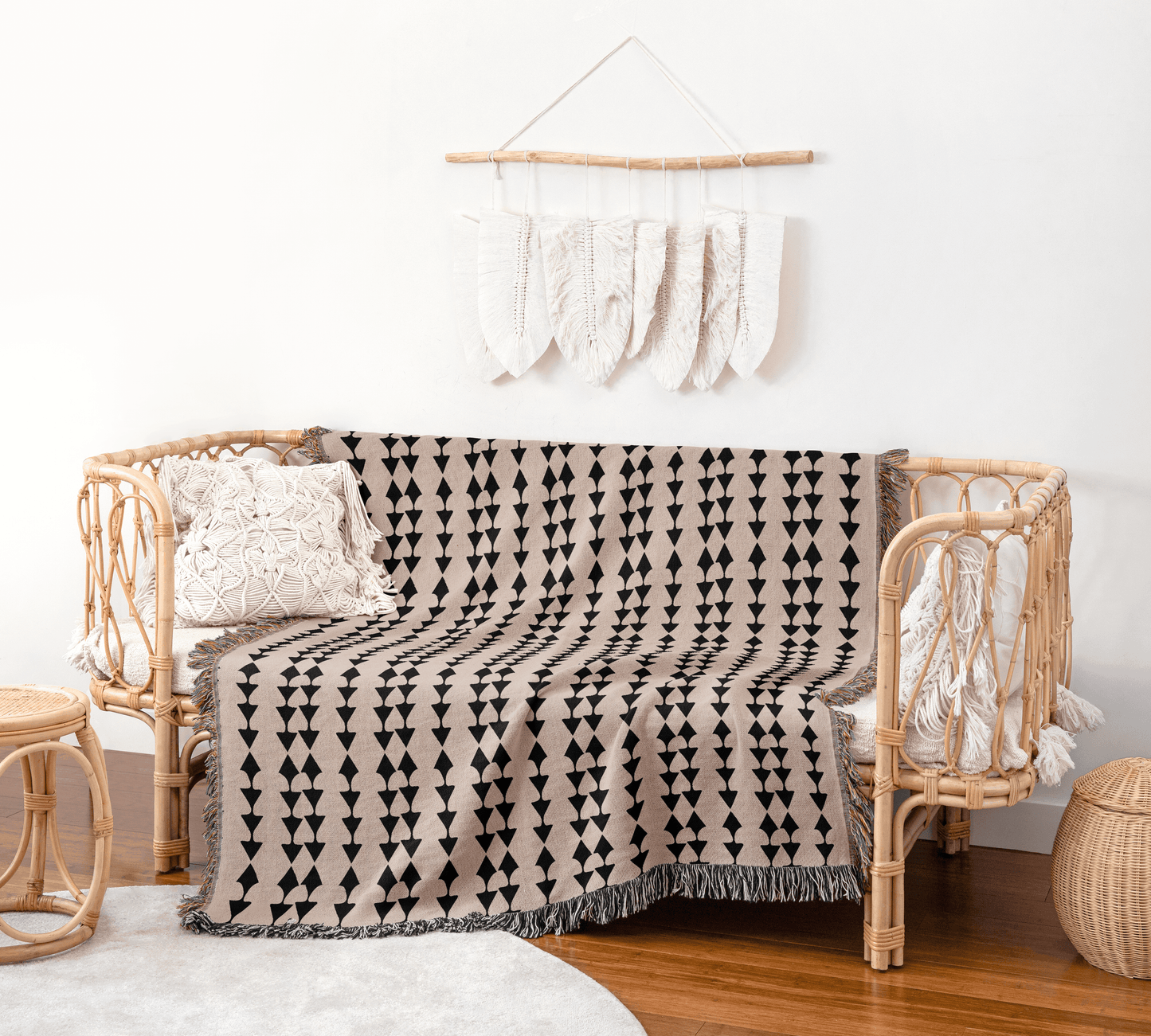 Beige and Black Scandinavian Geometric Throw Blanket