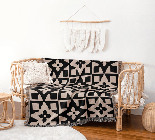Black & Taupe Geometric Floral Pattern Woven Blanket