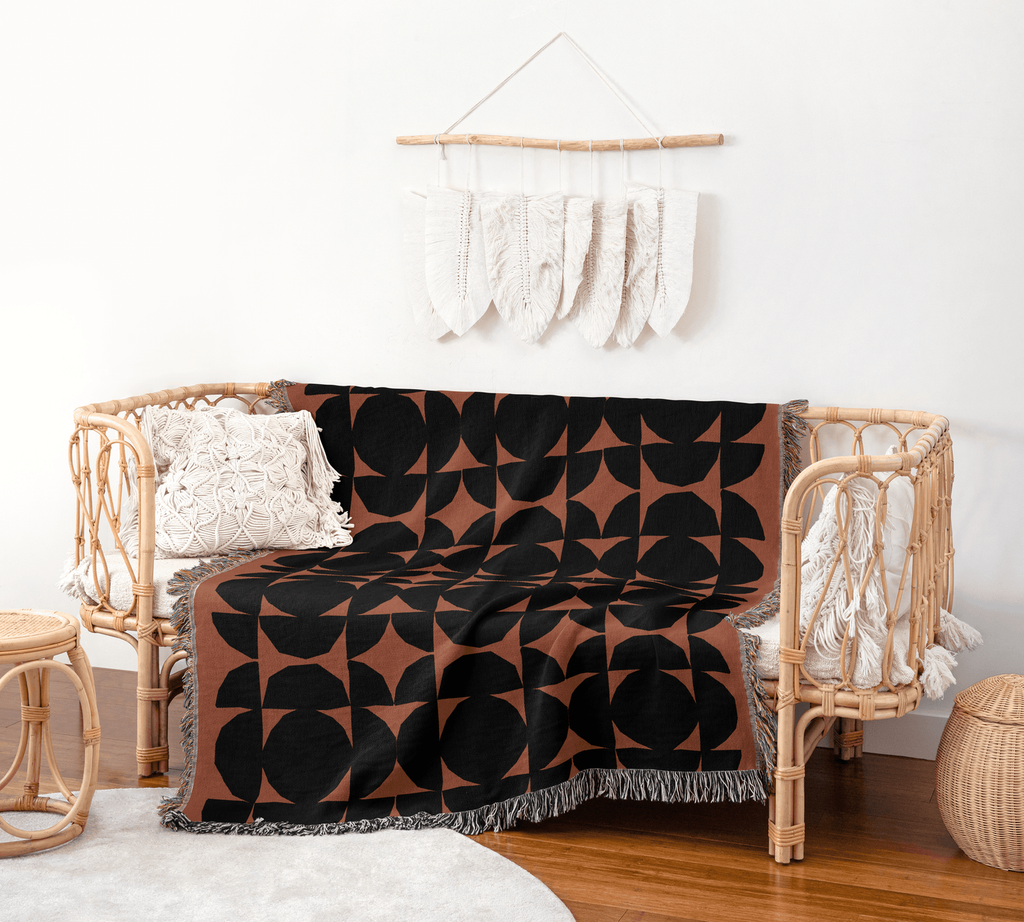 Modern Terracotta & Black Woven Throw Blanket – Geometric Circle Grid
